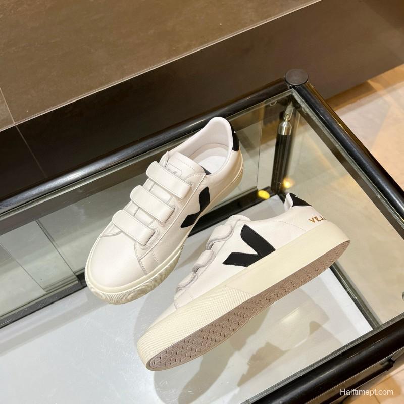 2025 Unisex VEJA White Black Leather Canvas Sneakers Velcro MJ00240(W/M)