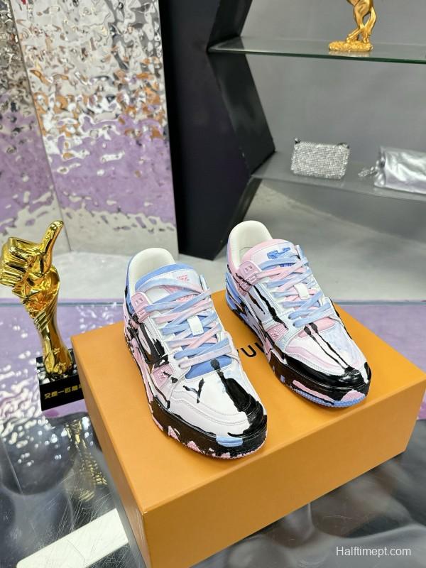 2024 Unisex Louis Vuitton Pink Blue Black Leather Denim Plimsolls Hand-Painted MJ00780