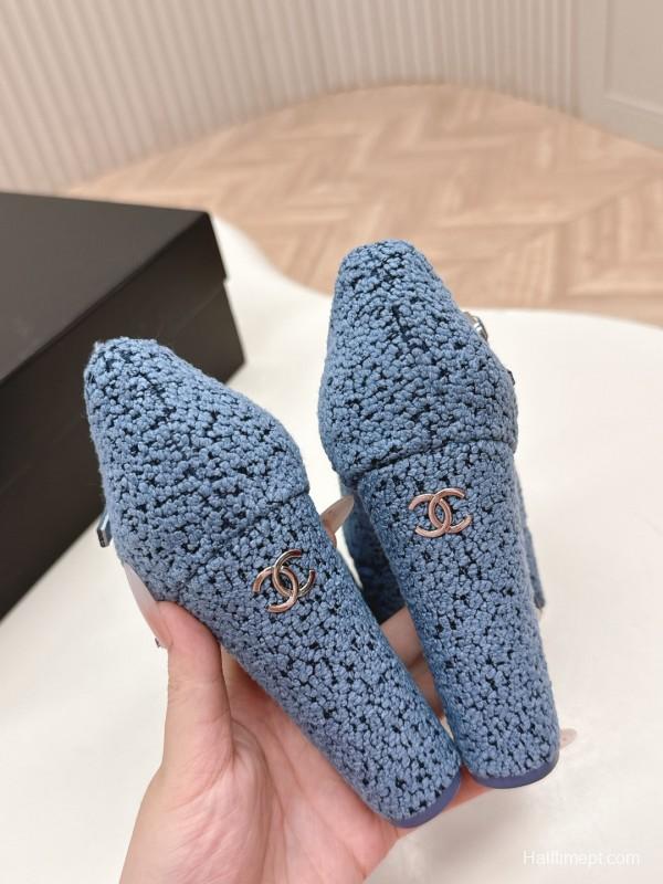 2025 Women Chanel Blue Black Tweed Leather Platform Pumps KFY00330