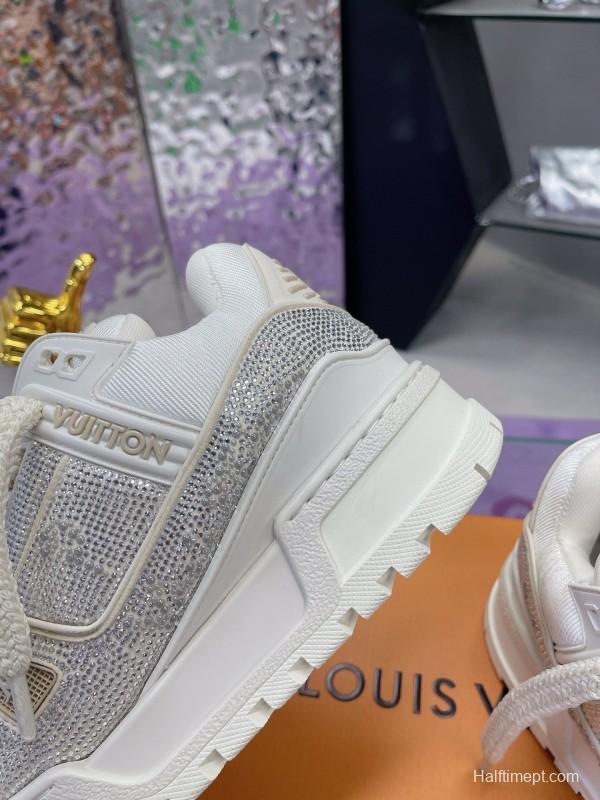 2024 Unisex Louis Vuitton White Silver Leather Trainers Crystal Embellished MJ00430
