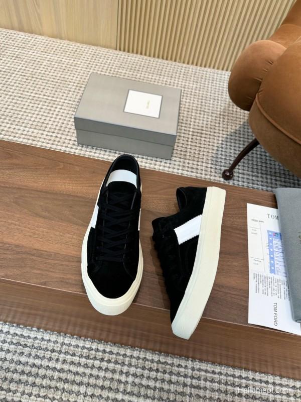 2025 Unisex TOM FORD Black White Suede Leather Sneakers