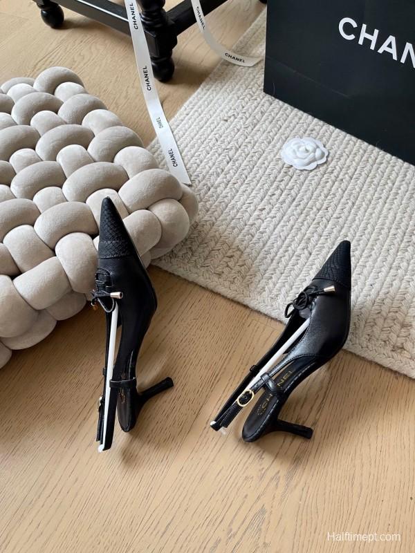 2025 Women Chanel Black Leather Slingback Bowknot Pumps KFY00320