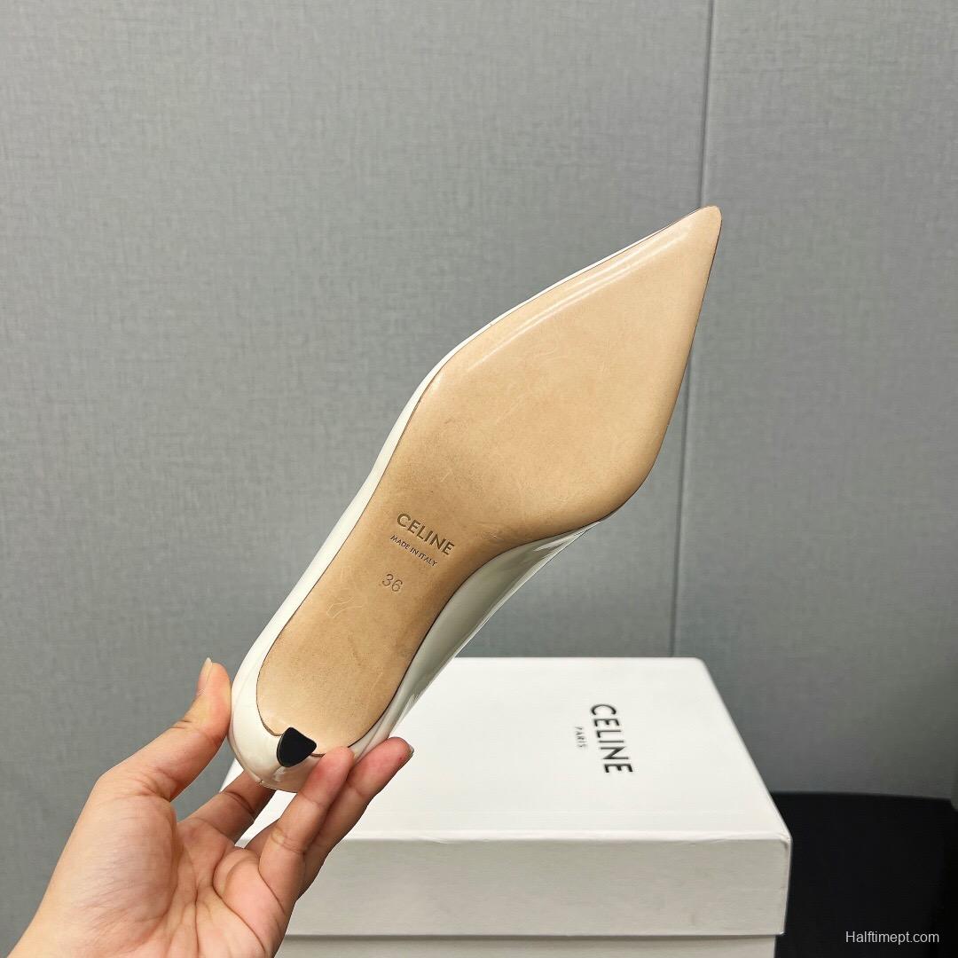 2025 Women Celine White Leather Pointed Toe Kitten Heel KFY00290