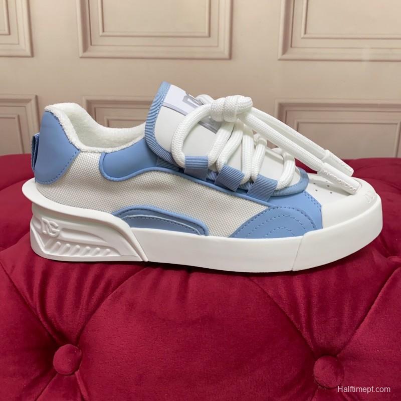 2025 Women Dolce & Gabbana White Blue Mesh Leather Sneakers
