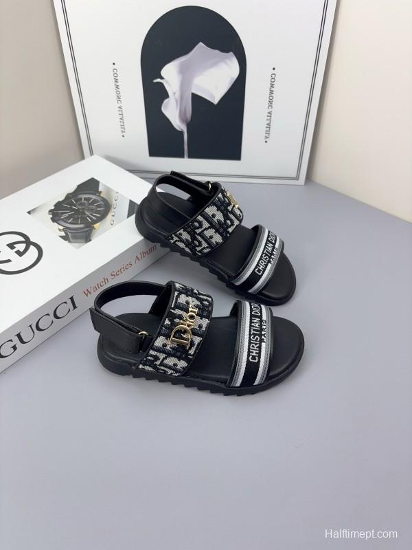 2025 Kids Dior Gray Black Canvas Leather Sandals