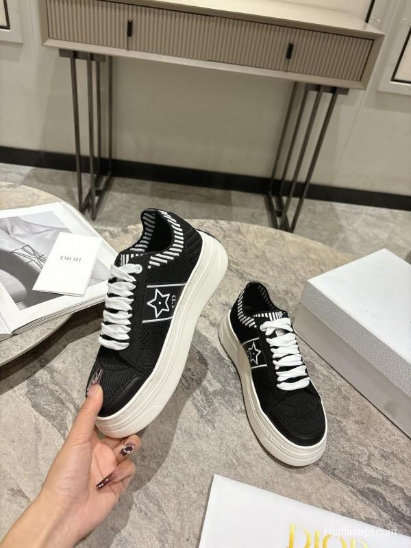 2025 Women Dior Black White Knit Leather Platform Sneakers KFY00330