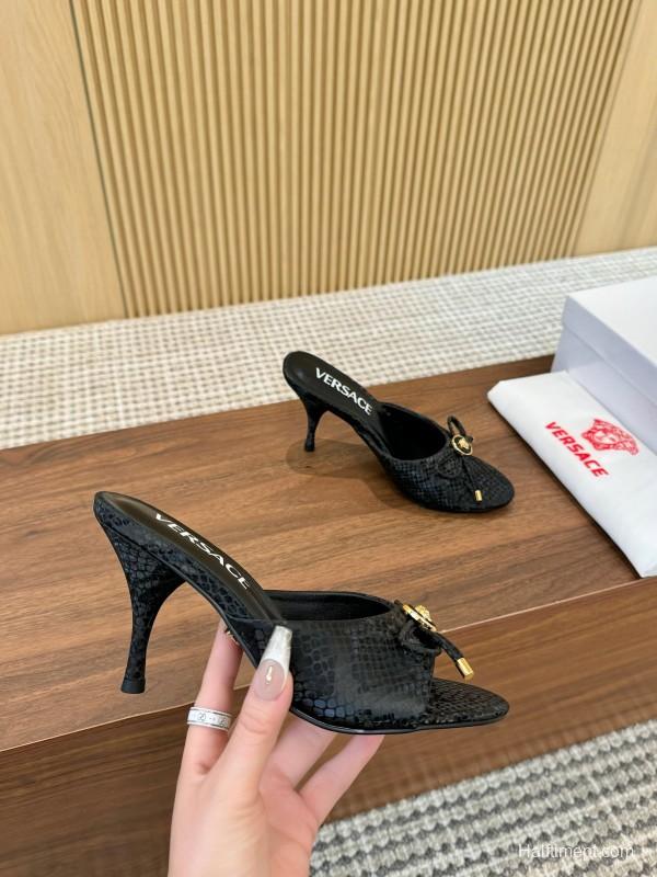 2025 Women VERSACE Black Leather Mule Heels LY00250