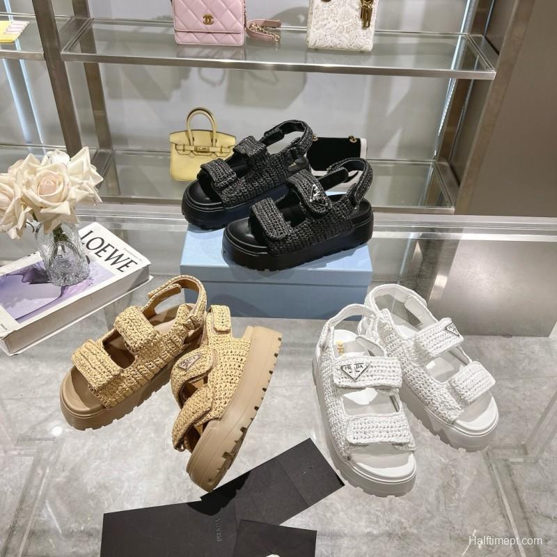 2025 Women Prada Black Woven Leather Sandals LY