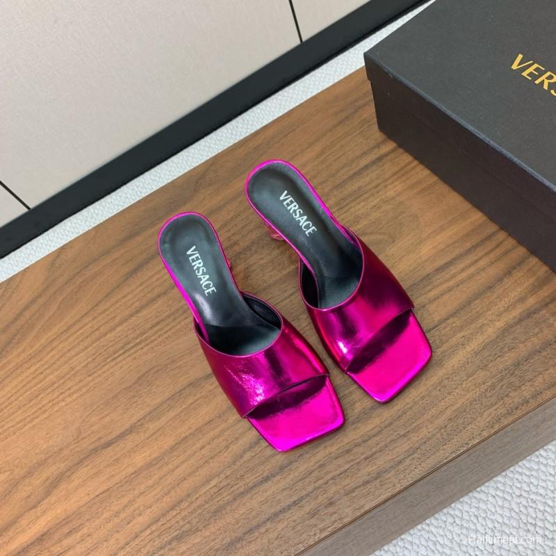 2025 Women VERSACE Pink Leather Slippers