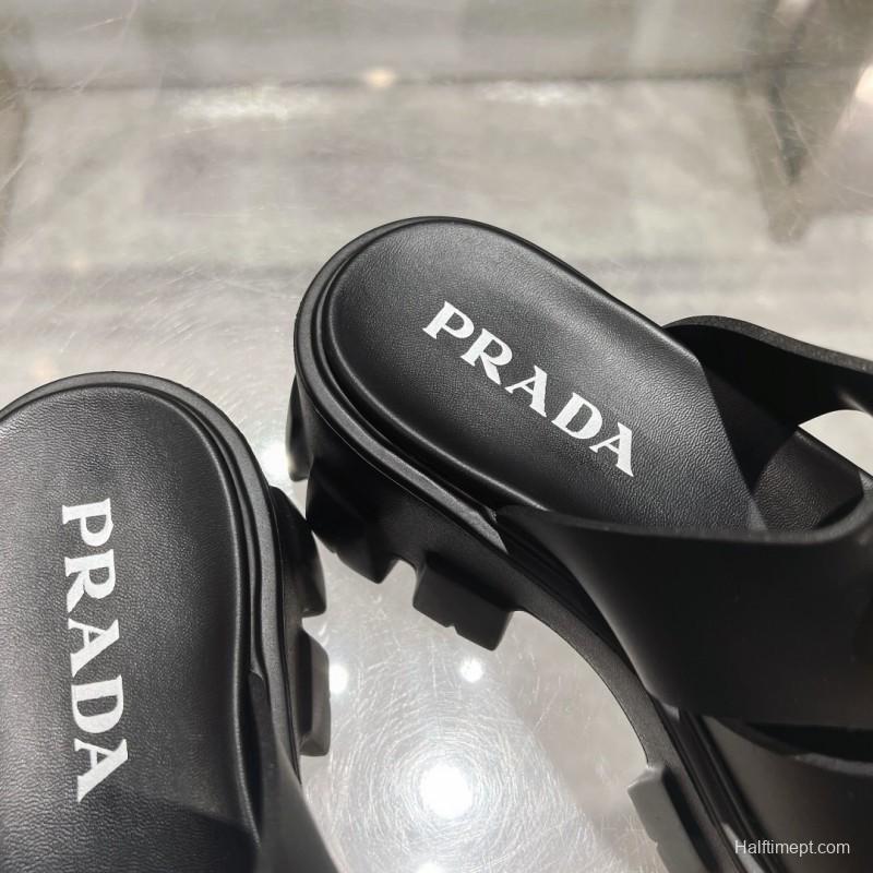 2025 Women Prada Black Leather Slingback Sandals LY00250