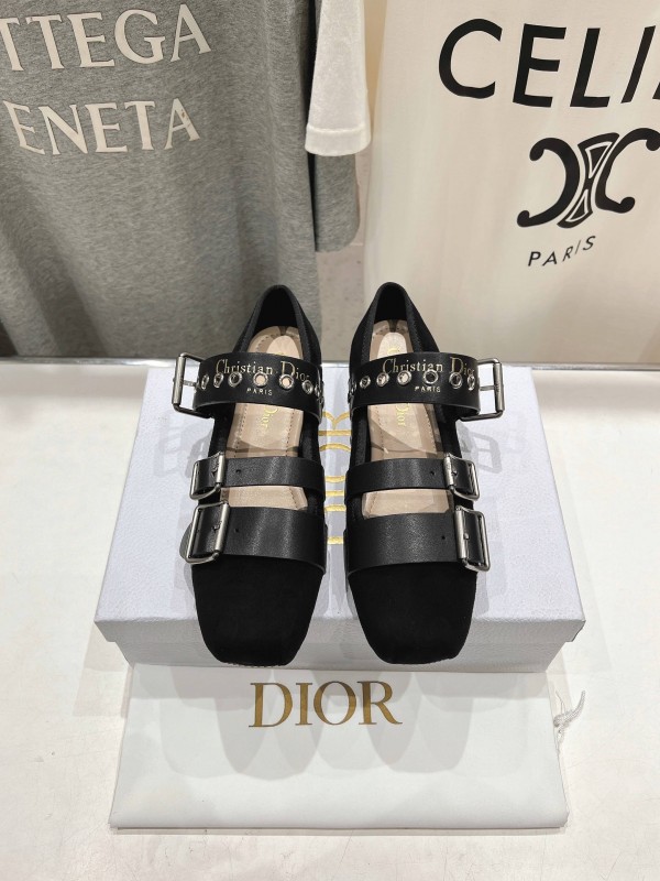 2025 Women Dior Black Leather Suede Mary Jane Buckle KFY00300