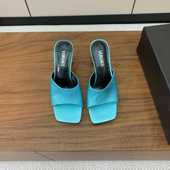 2025 Women VERSACE Blue Leather Slippers