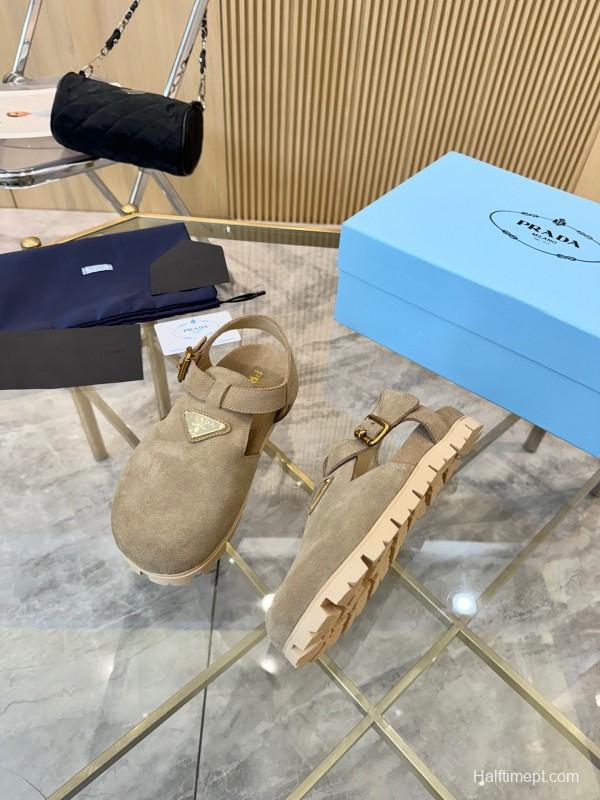 2025 Women Prada Beige Suede Sandals