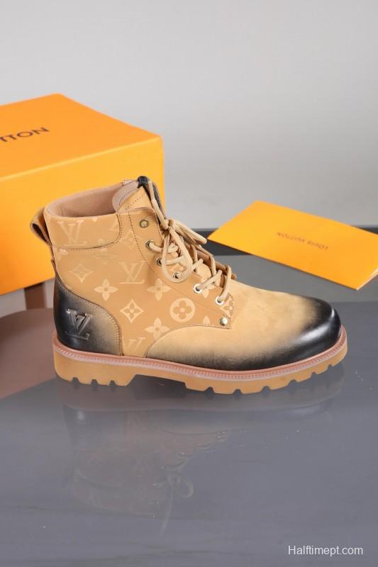 2024 Men Louis Vuitton Beige Black Leather Canvas Boots MJ00470