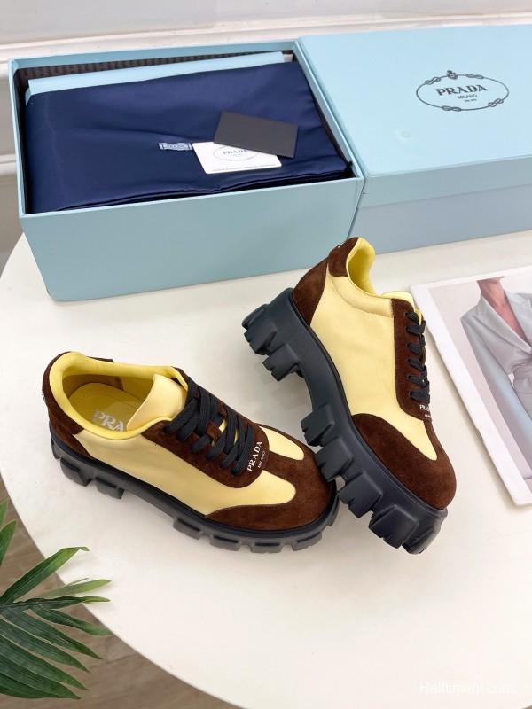 2025 Unisex Prada Yellow Brown Suede Silk Sneakers KFY00310(F)/KFY00330(M)