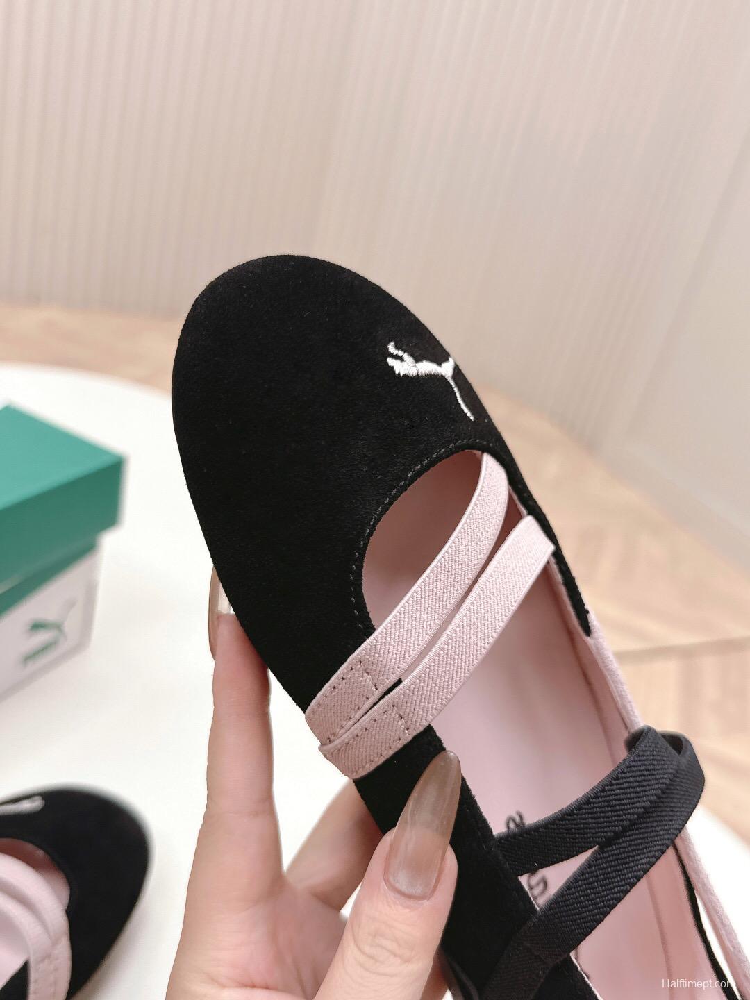 2025 Women PUMA Pink Black Suede Leather Ballet Flats LY