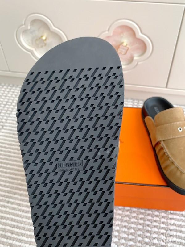 2025 Women Hermès Light Brown Suede Mule Handmade KFY00290