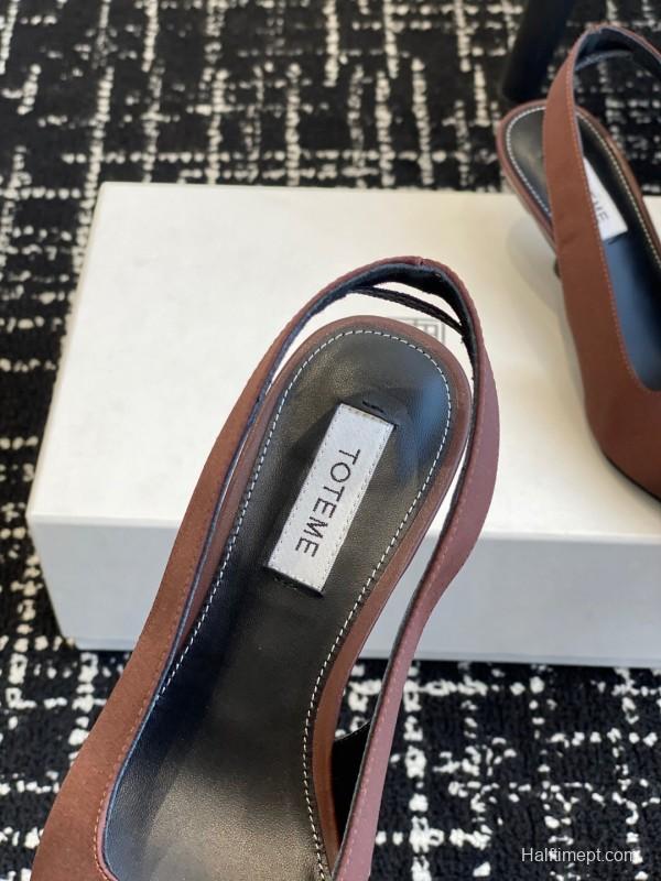 2025 Women Toteme Brown Satin Slingback Pointed Toe Heels