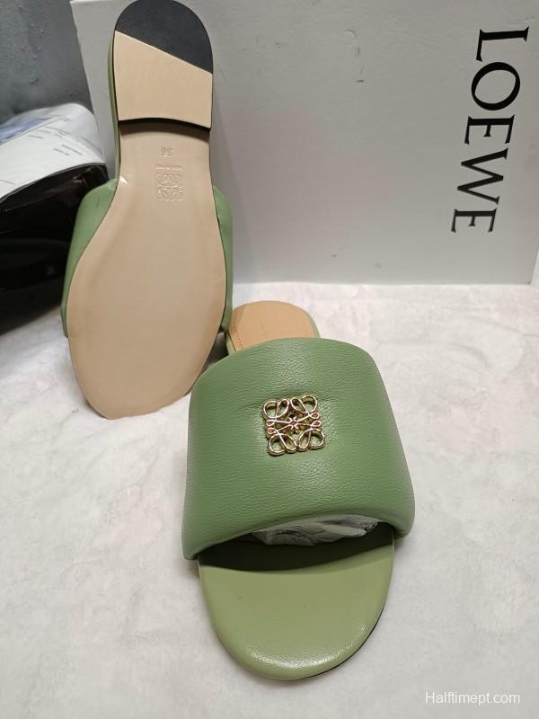 2025 Women Loewe Green Leather Slippers