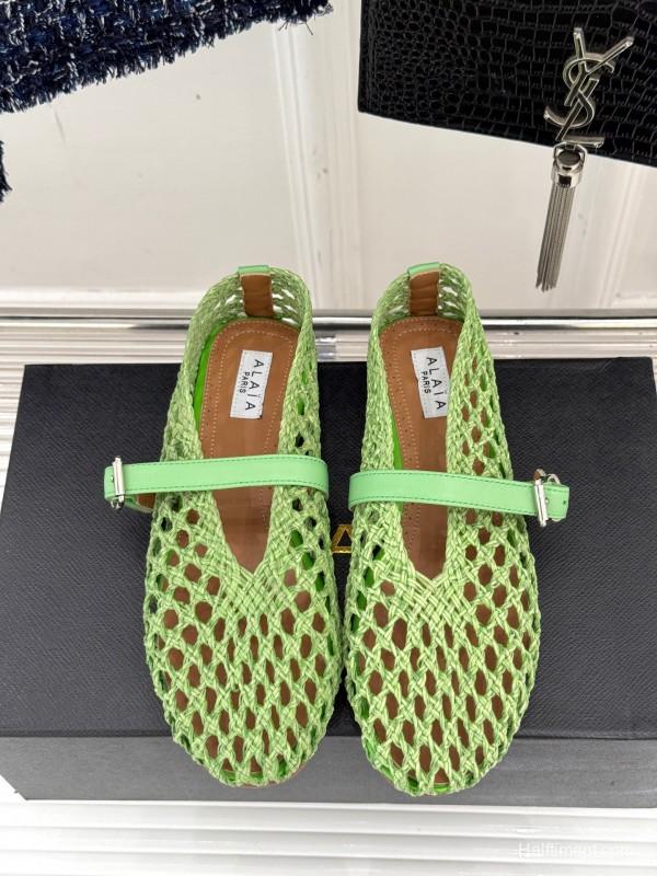2025 Women AlAIA Green Leather Mesh Mary Jane