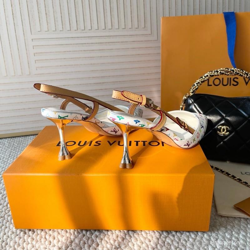 2025 Women Louis Vuitton White Multicolor Canvas Leather Slingback Pumps