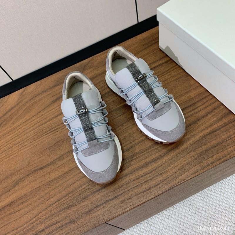 2025 Unisex Brunello Cucinelli Grey Beige Suede Leather Sneakers LY
