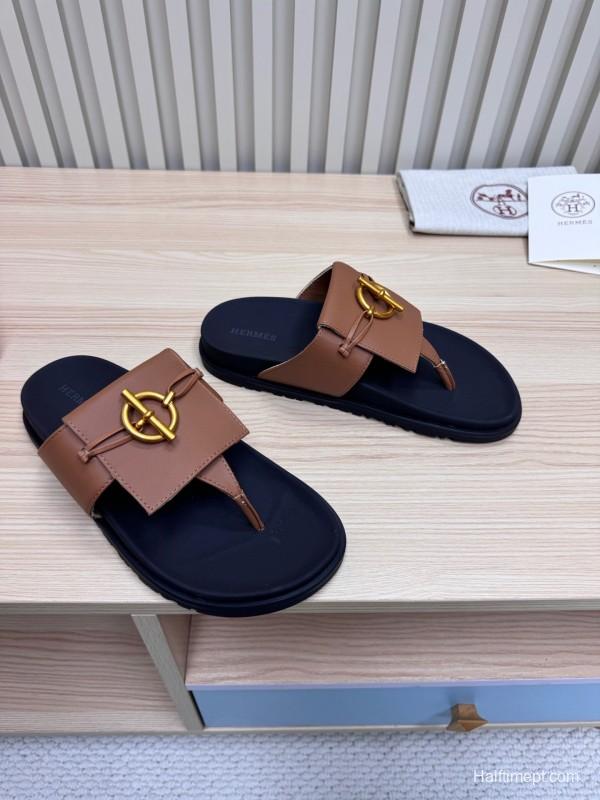 2025 Slippers Hermès Brown Black Leather Slippers