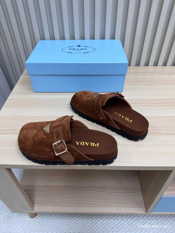 2025 Slippers Prada Brown Suede Slippers LY00280