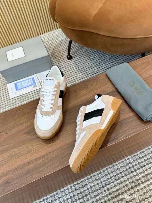 2025 Unisex TOM FORD White Black Beige Leather Suede Sneakers LY00360