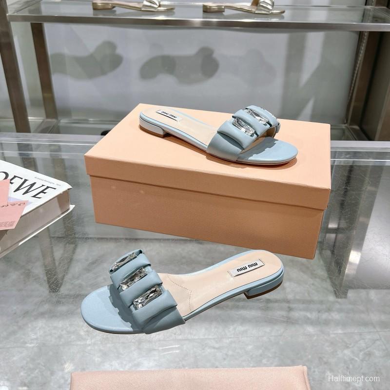 2025 Women Miu Miu Light Blue Leather Slippers