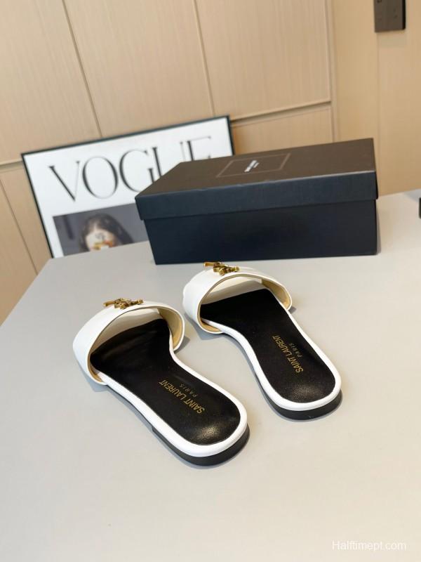 2025 Women Yves Saint Laurent White Leather Slippers LY00180