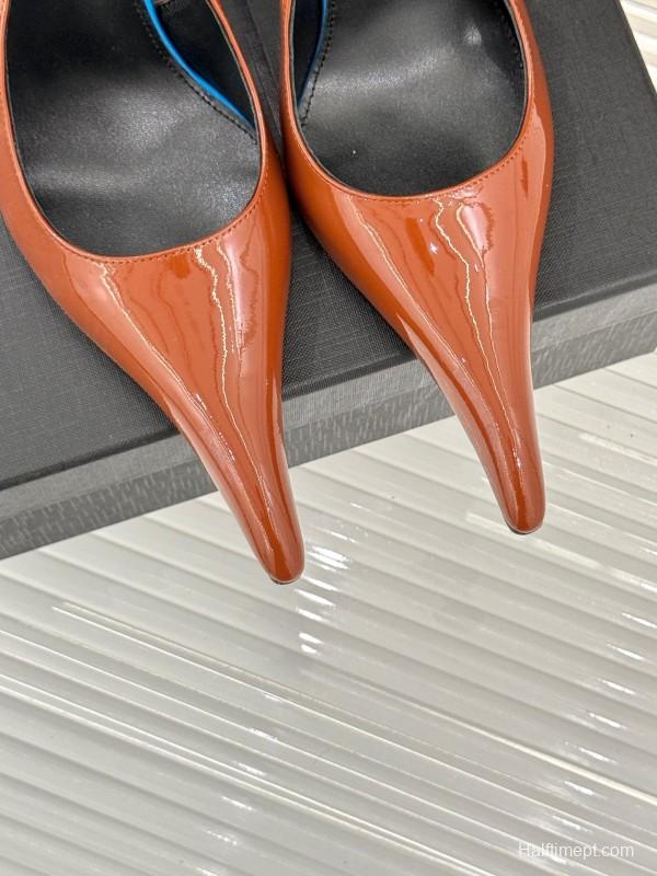 2025 Women Yves Saint Laurent Brown Patent Leather Slingback Heels KFY00290