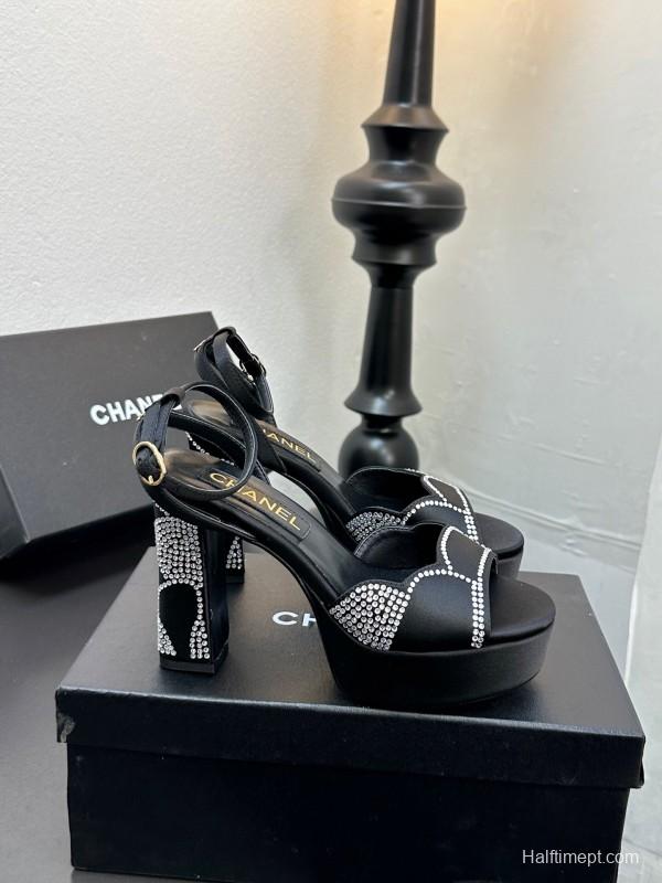 2025 Women Chanel Black Fabric Leather Rhinestone Platform Sandals KFY00320