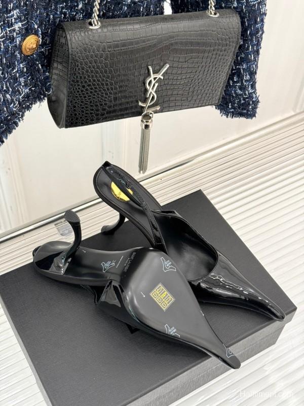 2025 Women YSL Black Patent Leather High Heel Slingback KFY00290