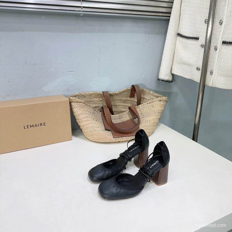 2025 Women LEMAIRE Black Leather Mary Jane Block Heel KFY00300