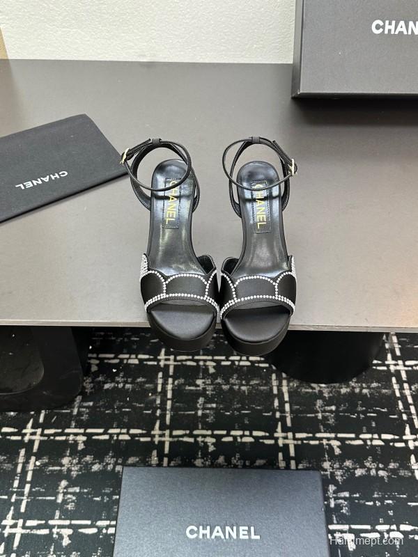 2025 Women Chanel Black Fabric Leather Rhinestone Platform Sandals KFY00320