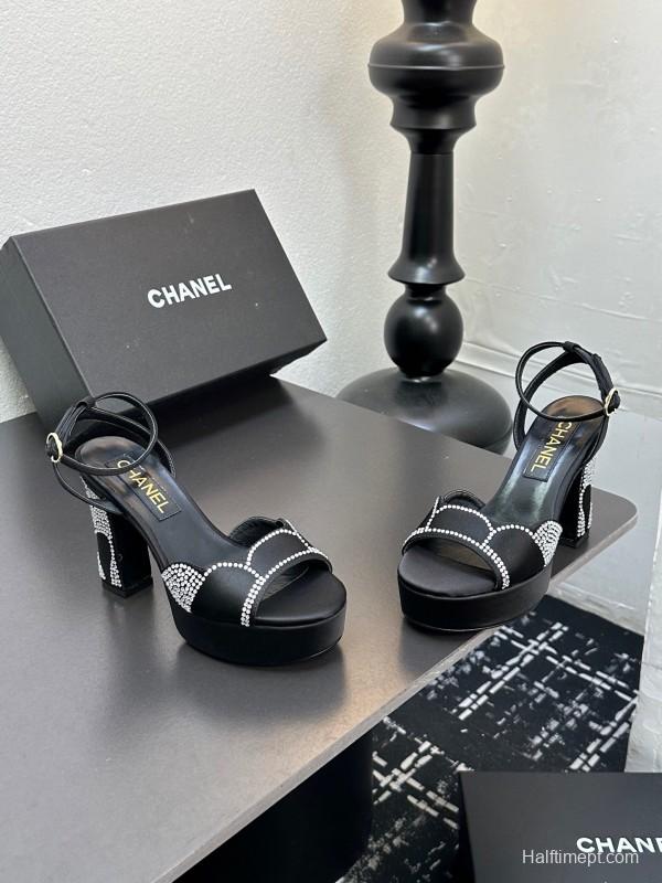 2025 Women Chanel Black Fabric Leather Rhinestone Platform Sandals KFY00320
