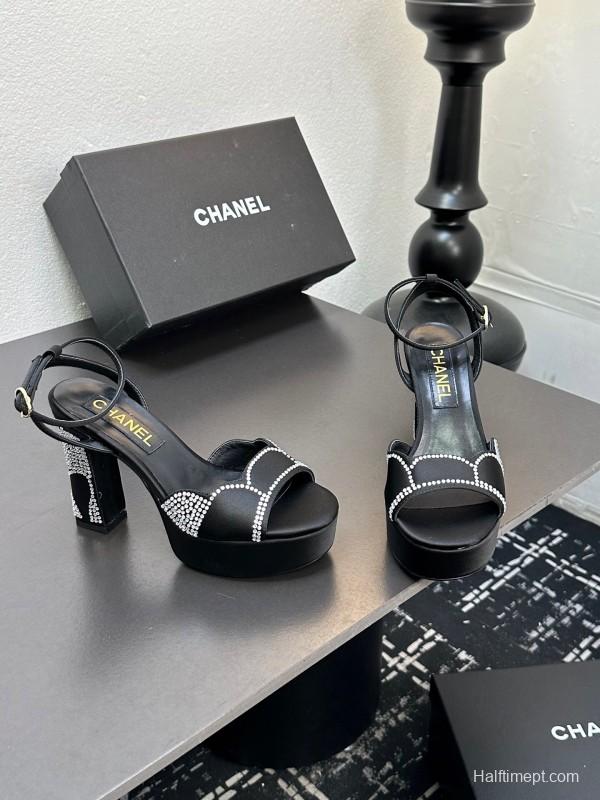 2025 Women Chanel Black Fabric Leather Rhinestone Platform Sandals KFY00320