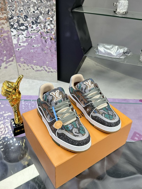 2025 Unisex Louis Vuitton Blue Grey Black Leather Fabric Sneakers Handcrafted Crystals AS00400