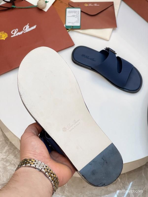 2025 Men Loro Piana Blue Leather Slippers AS00250