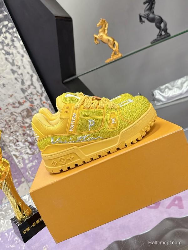 2025 Unisex Louis Vuitton Yellow Crystal Mesh Plimsolls Bing Bing AS00420