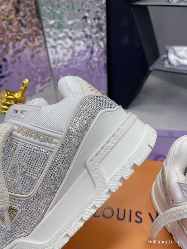 2025 Unisex Louis Vuitton White Crystal Leather Plimsolls Bing Bing AS00420