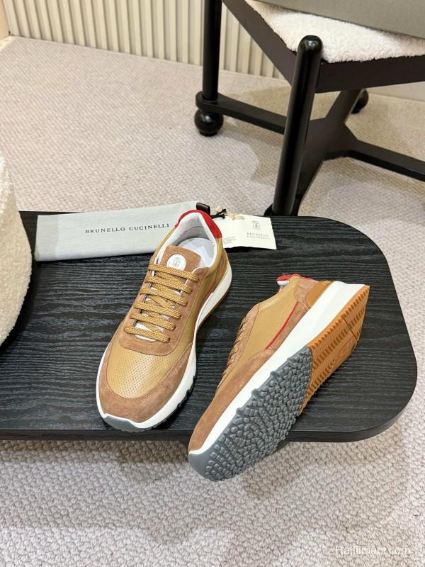 2025 Unisex Brunello Cucinelli Beige Brown Red Calfskin Mesh Sneakers AS00320