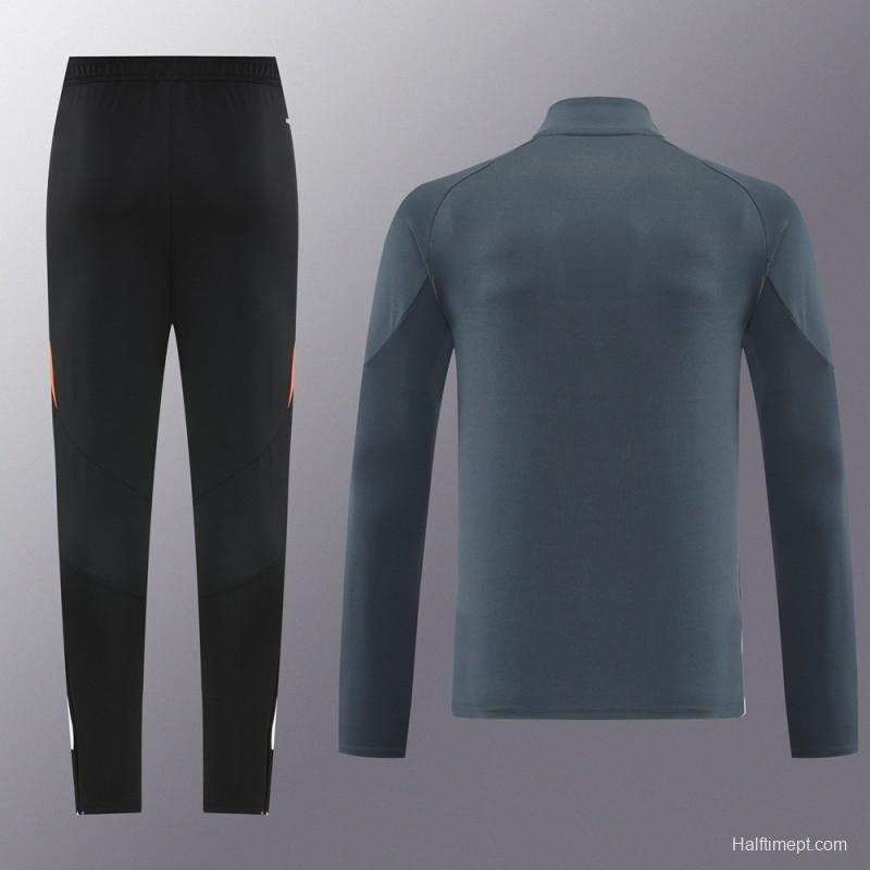 2025 Adidas Dark Grey & Black with Leopard Print Pattern and Orange Accents Half Zipper Jacket +Long Pants