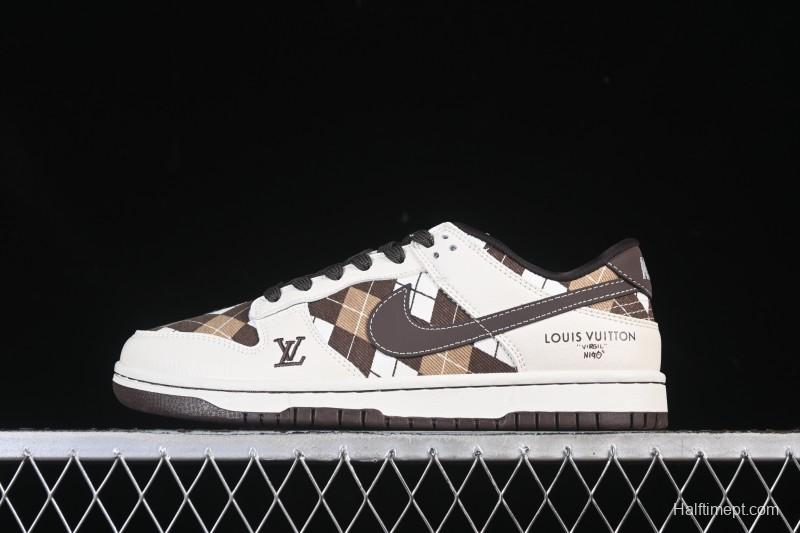 Nike SB Dunk Low LV Collaboration White Brown Grid High-End Custom Low-Top Casual Skate Shoes - SC0601-461