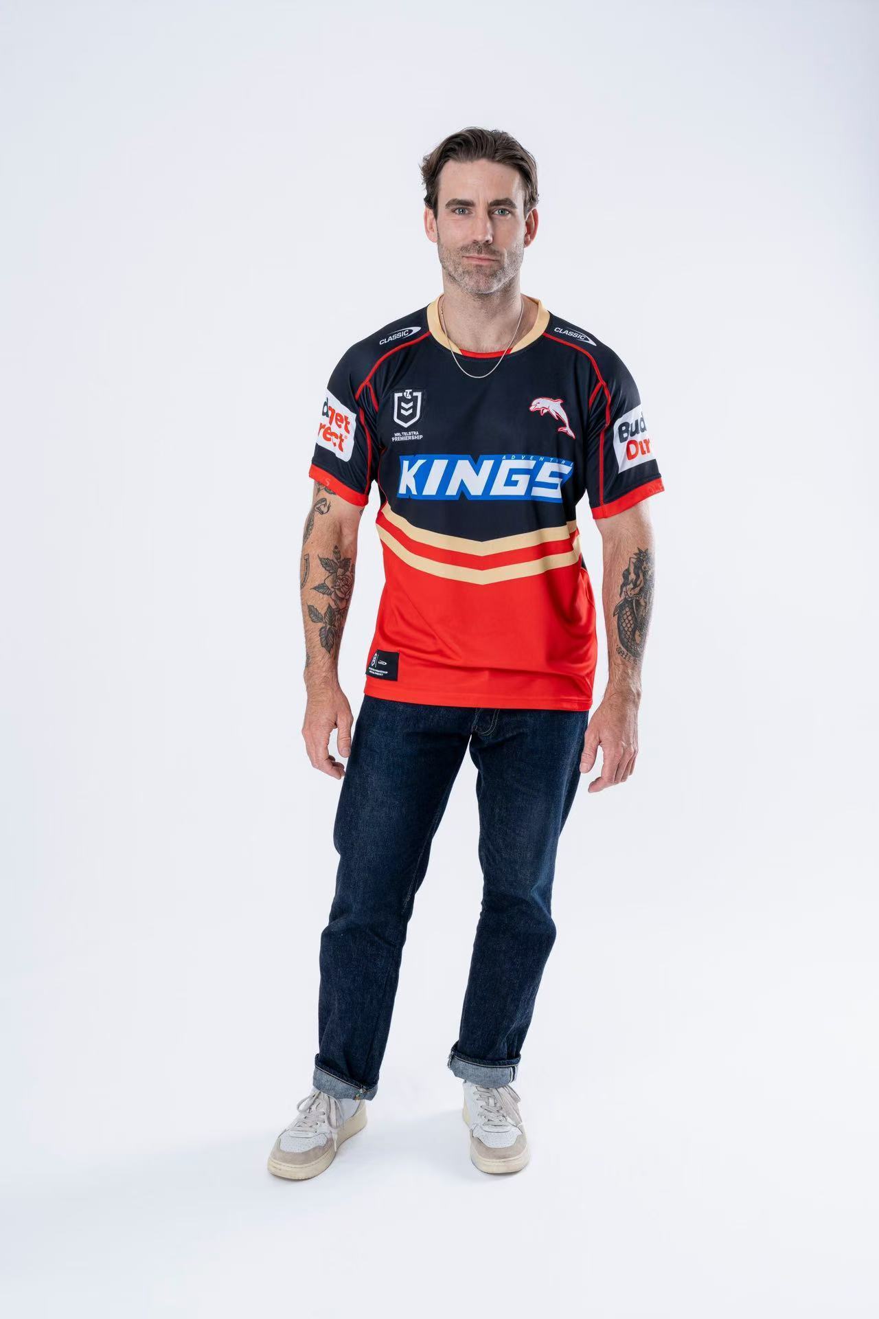 2025 Redcliffe Dolphins Red with Tonal Hoops Home Jersey