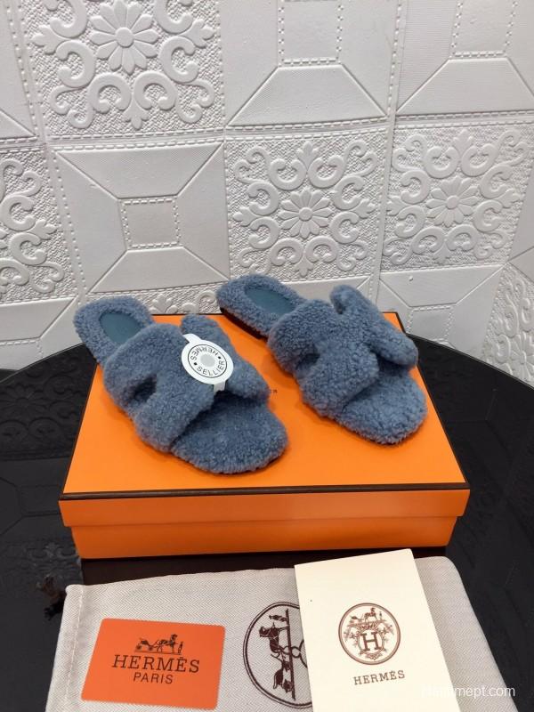 H Teddy Wool H Slippers Flat Sole Autumn Winter - LY00240
