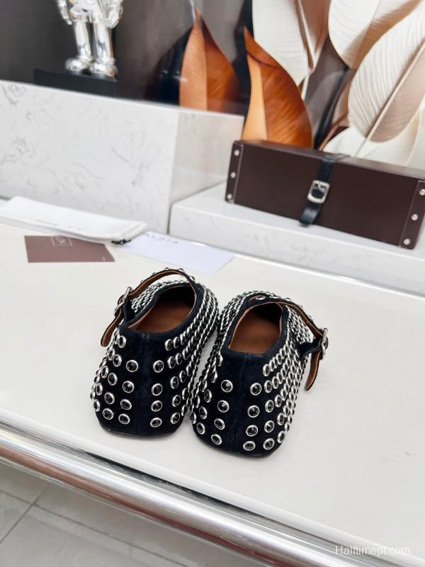 Alaia 2025/SS Crystal-Studded Ballet Dance Shoes with Inner Cushioning and 0.8CM Height Increase - LY00340