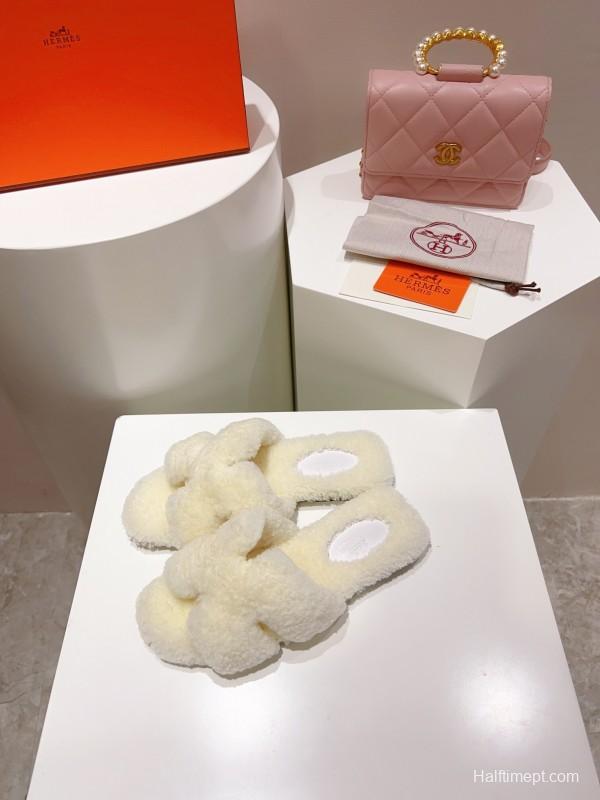 Hermes Teddy Wool H Slippers Flat Fur Slides - LY00240
