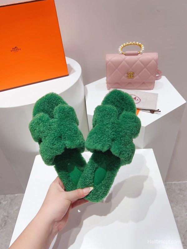 H Teddy Wool H Slippers Flat Sole Fur Slippers - LY00240